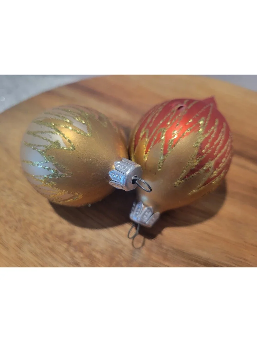2 Vintage Teardrop Blown Glass Hand Painted Mica Glitter Christmas Ornaments 3